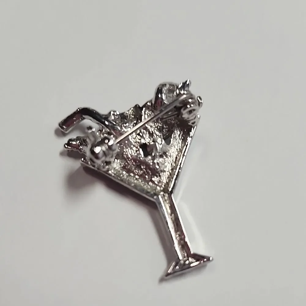 Silver-Tone Blue Crystal Martini Brooch - Women Jewelry